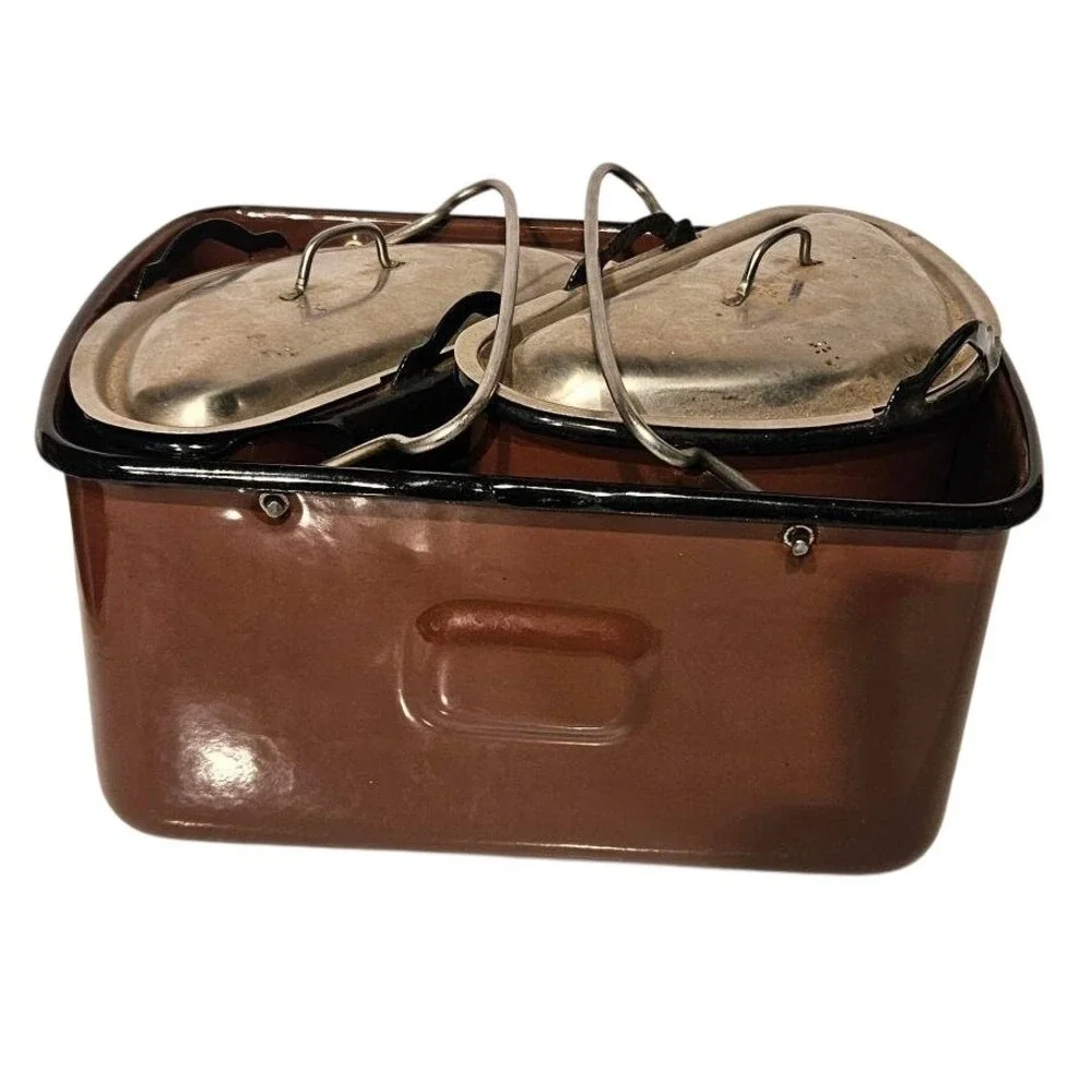 Vintage‎ Brown Enamel Nesting Mess Kit 3 Piece Camping Cookware Set with Lids